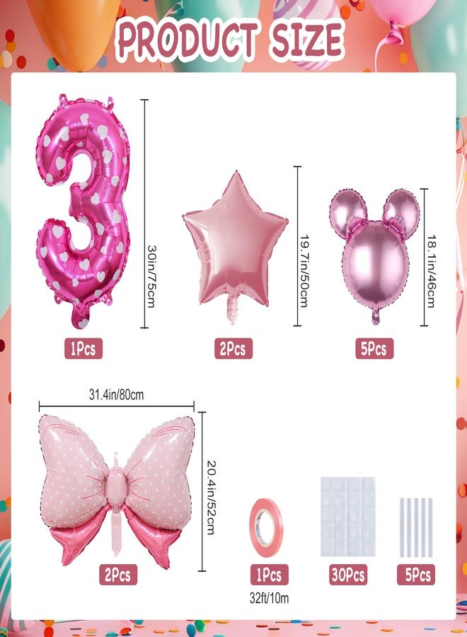 Kaemi 10Pcs Mini Mouse Balloons Pink Huge Bow Birthday Number Balloons Set Aluminum Foil Balloons for Baby Shower 3rd Birthday Party Decorations - Image 2